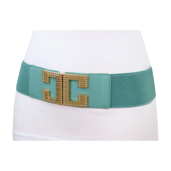 Women Jade Teal Elastic Wide Fashion Belt Hip Waist Gold Metal C Buckle Fit S M - Picture 8 of 17